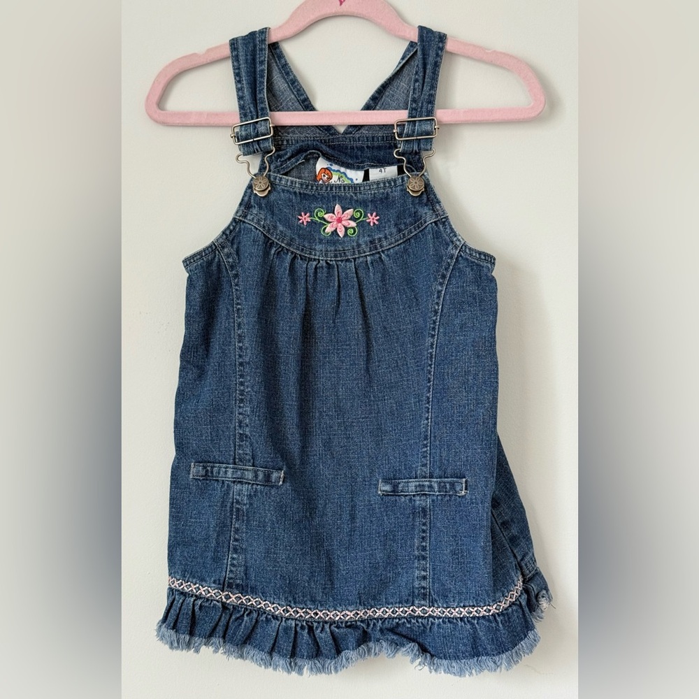 No Kidding Embroidered Floral Print Denim Jumper Dress 4T